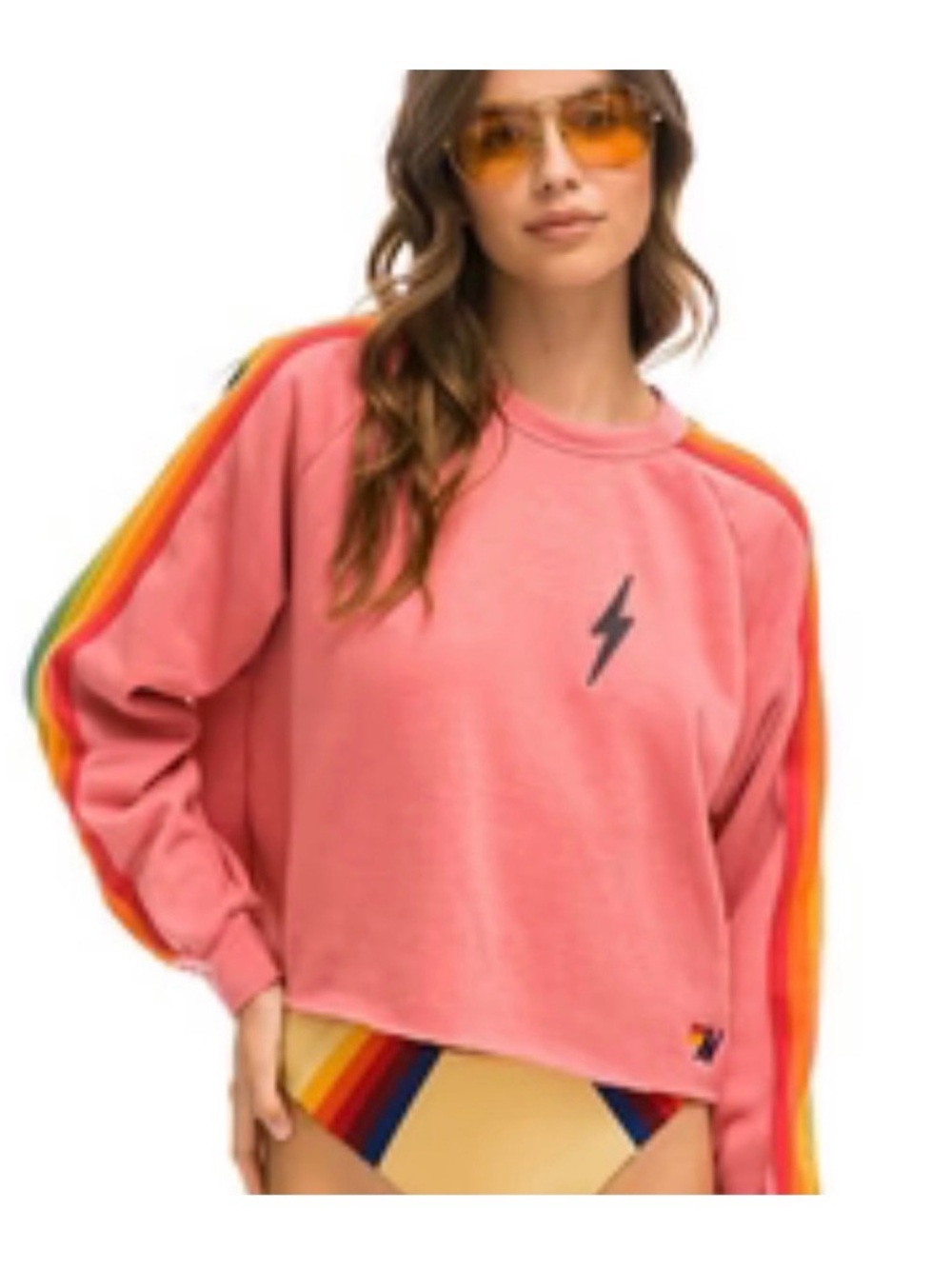 Aviator Nation Coral Pink Crewneck Sweatshirt with Rainbow Sleeve Stripes